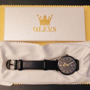 OLEVS Black Leather Strap Watch Black Dial with Gold Markers